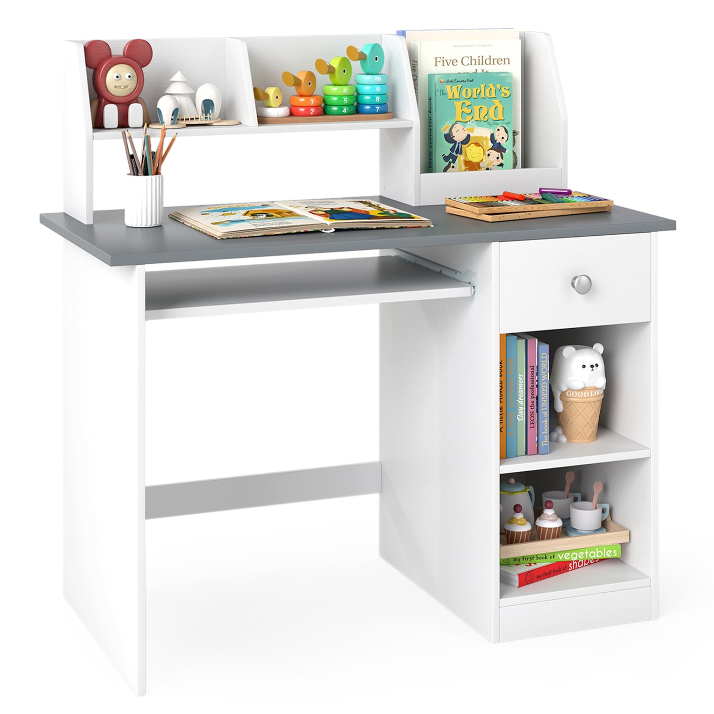 Kids Study Desk with Hutch, Drawer & Keyboard Tray