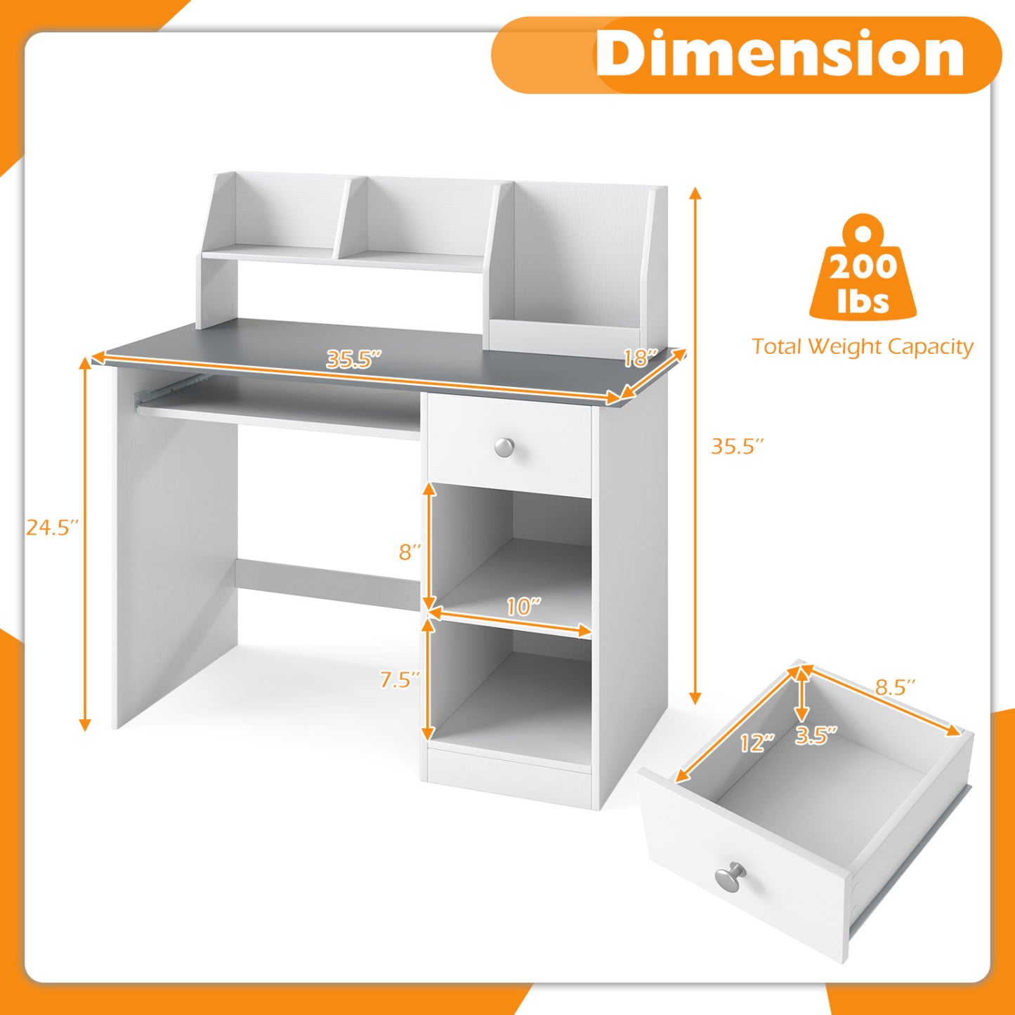Kids Study Desk with Hutch, Drawer & Keyboard Tray