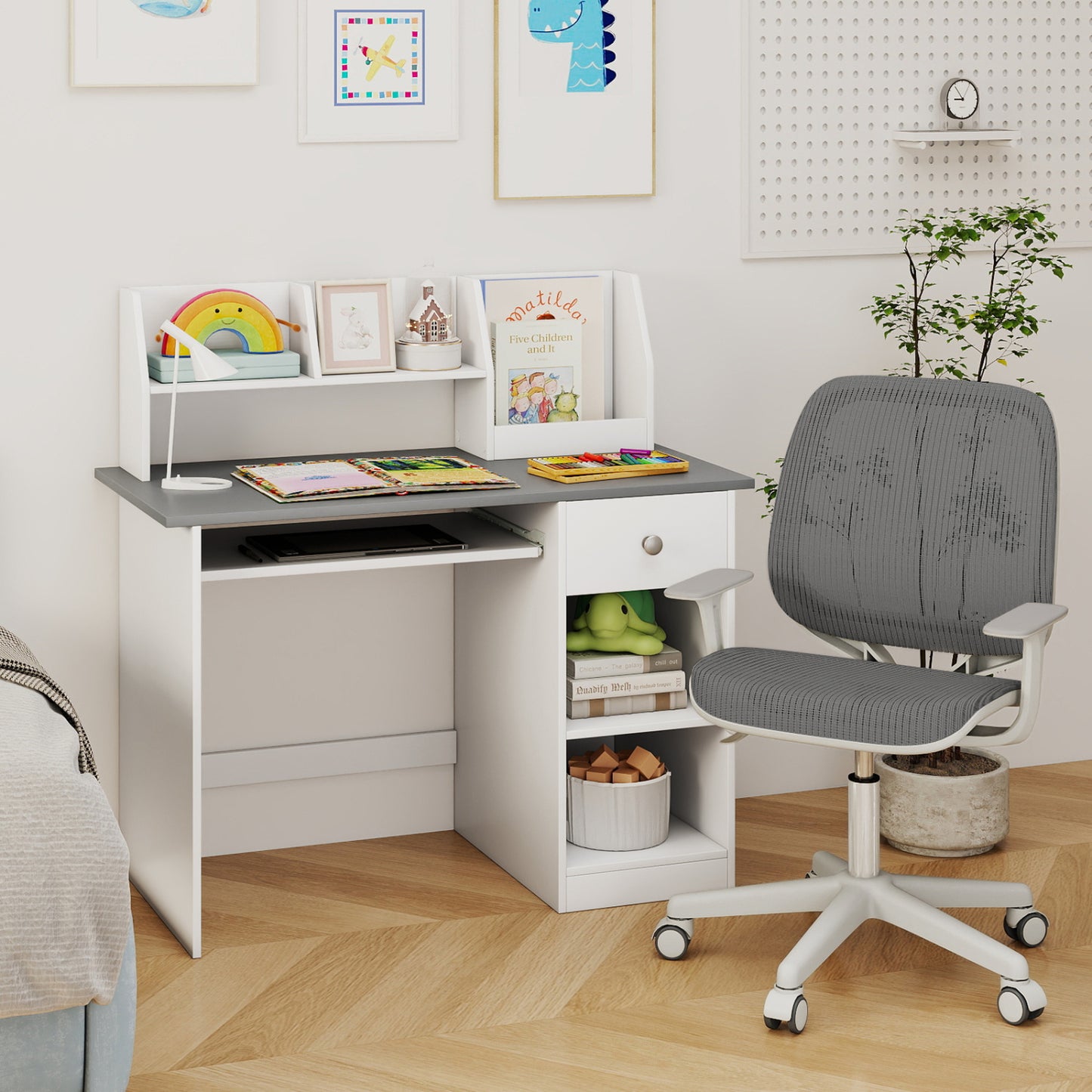 Kids Study Desk with Hutch, Drawer & Keyboard Tray