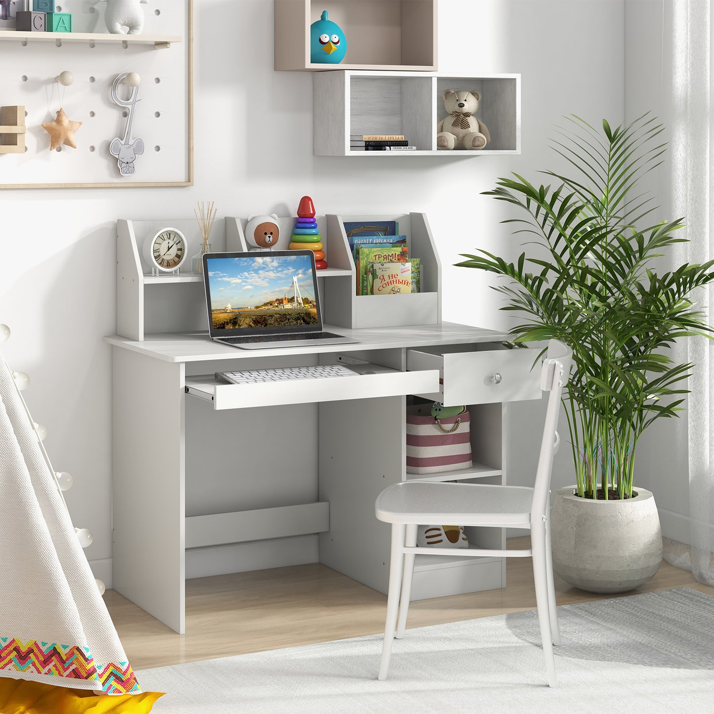 Kids Study Desk with Hutch, Drawer & Keyboard Tray