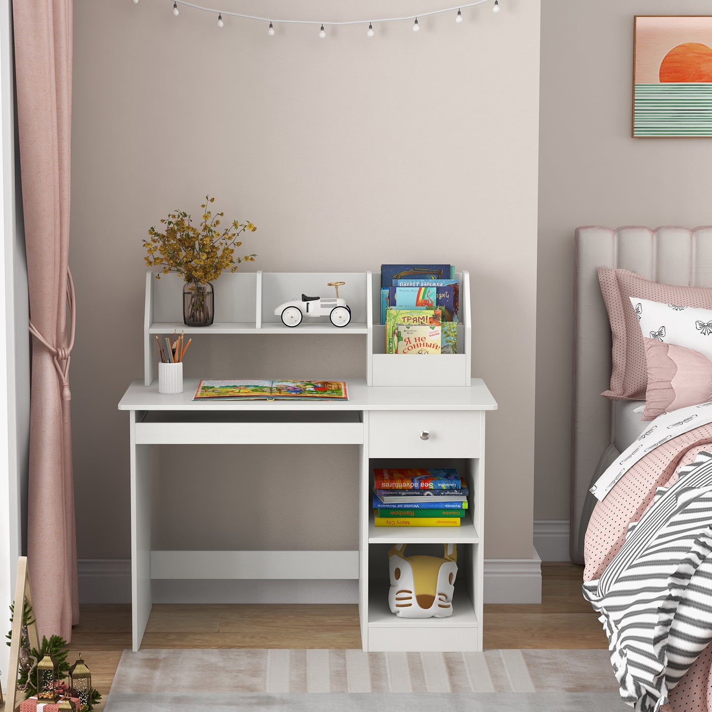 Kids Study Desk with Hutch, Drawer & Keyboard Tray