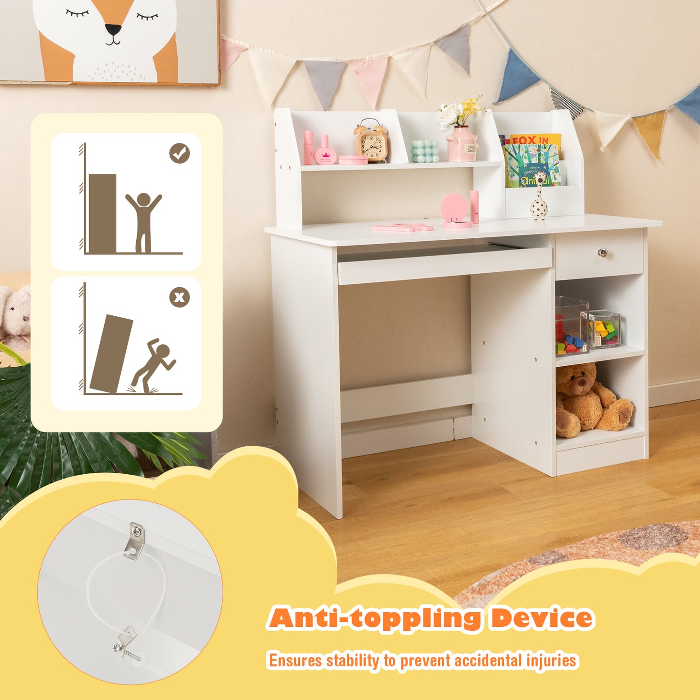 Kids Study Desk with Hutch, Drawer & Keyboard Tray