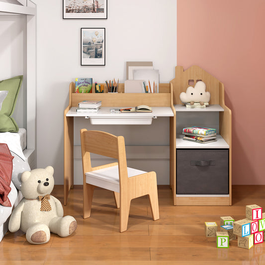 Kids Study Desk and Chair Set with Storage Shelves and Drawer