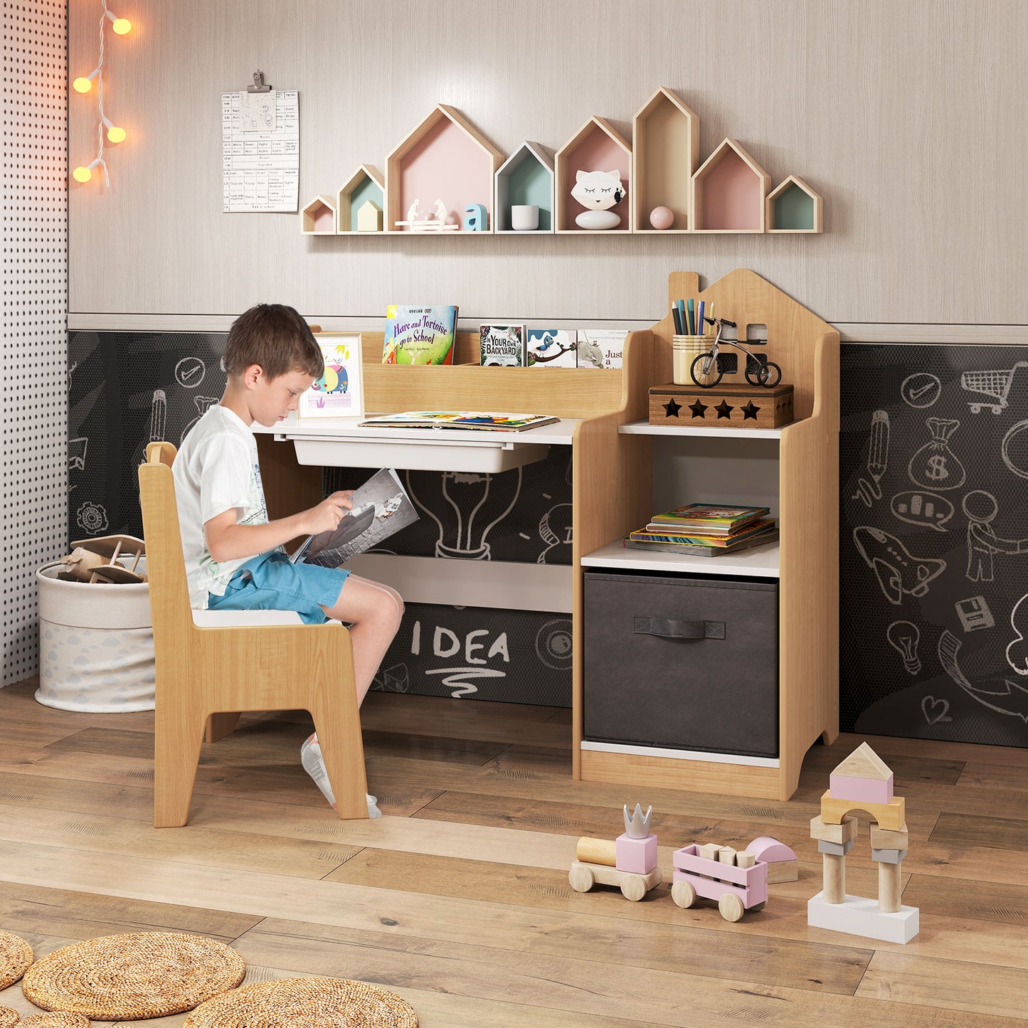 Kids Study Desk and Chair Set with Storage Shelves and Drawer