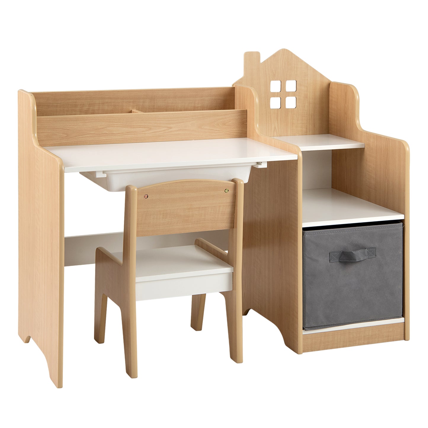 Kids Study Desk and Chair Set with Storage Shelves and Drawer