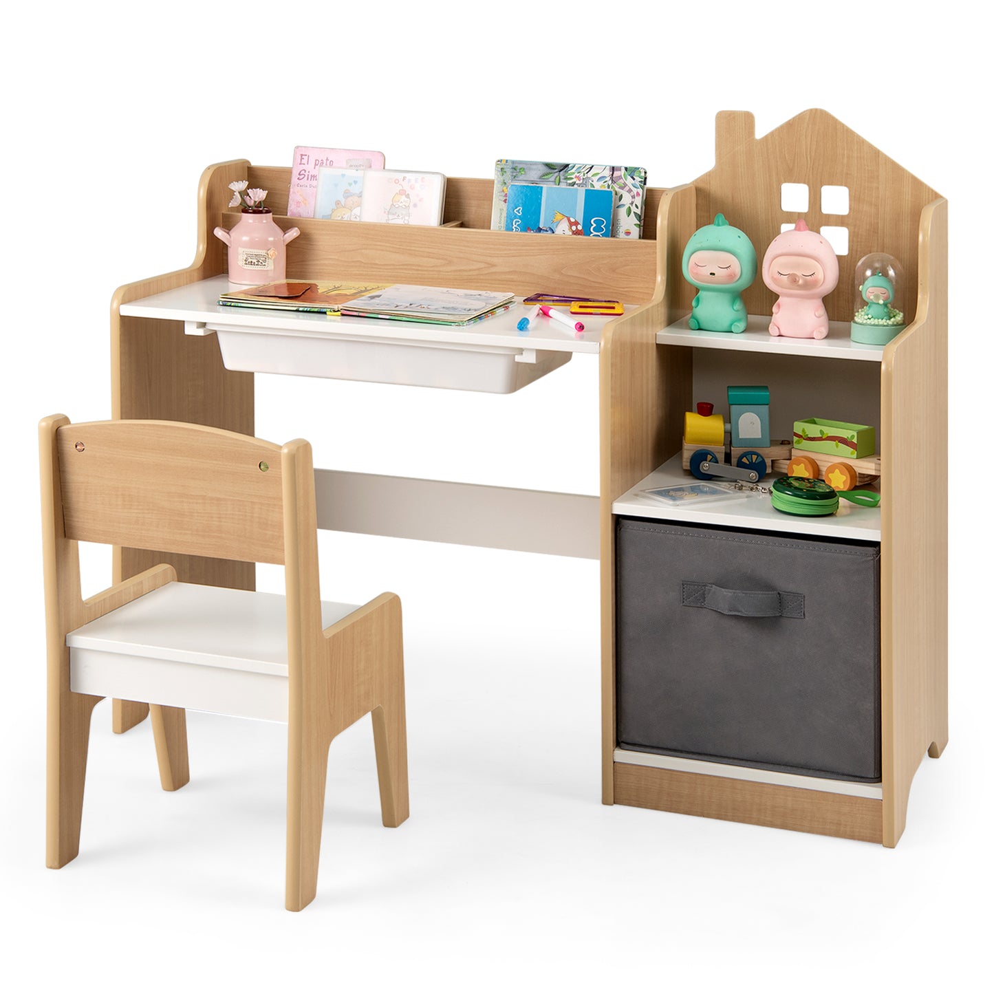 Kids Study Desk and Chair Set with Storage Shelves and Drawer