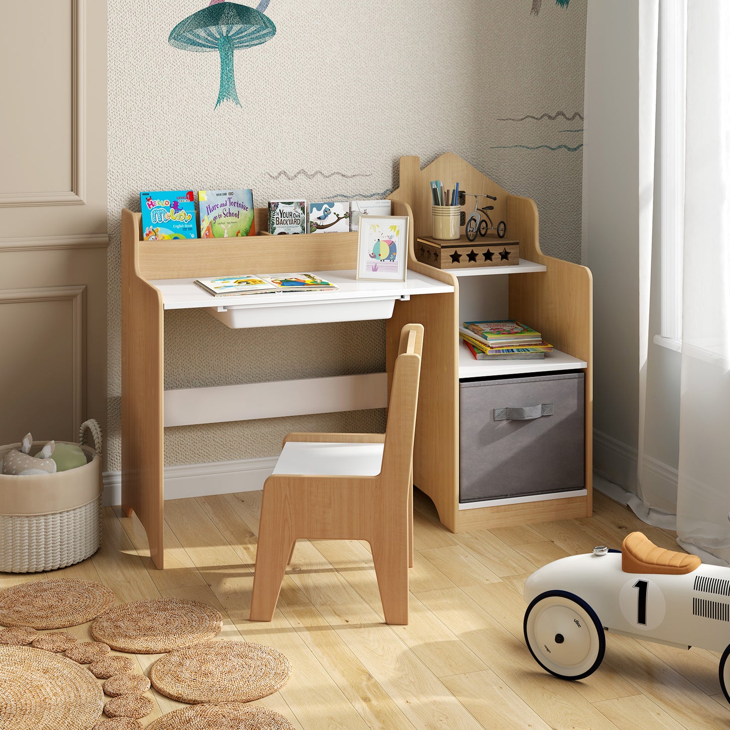 Kids Study Desk and Chair Set with Storage Shelves and Drawer