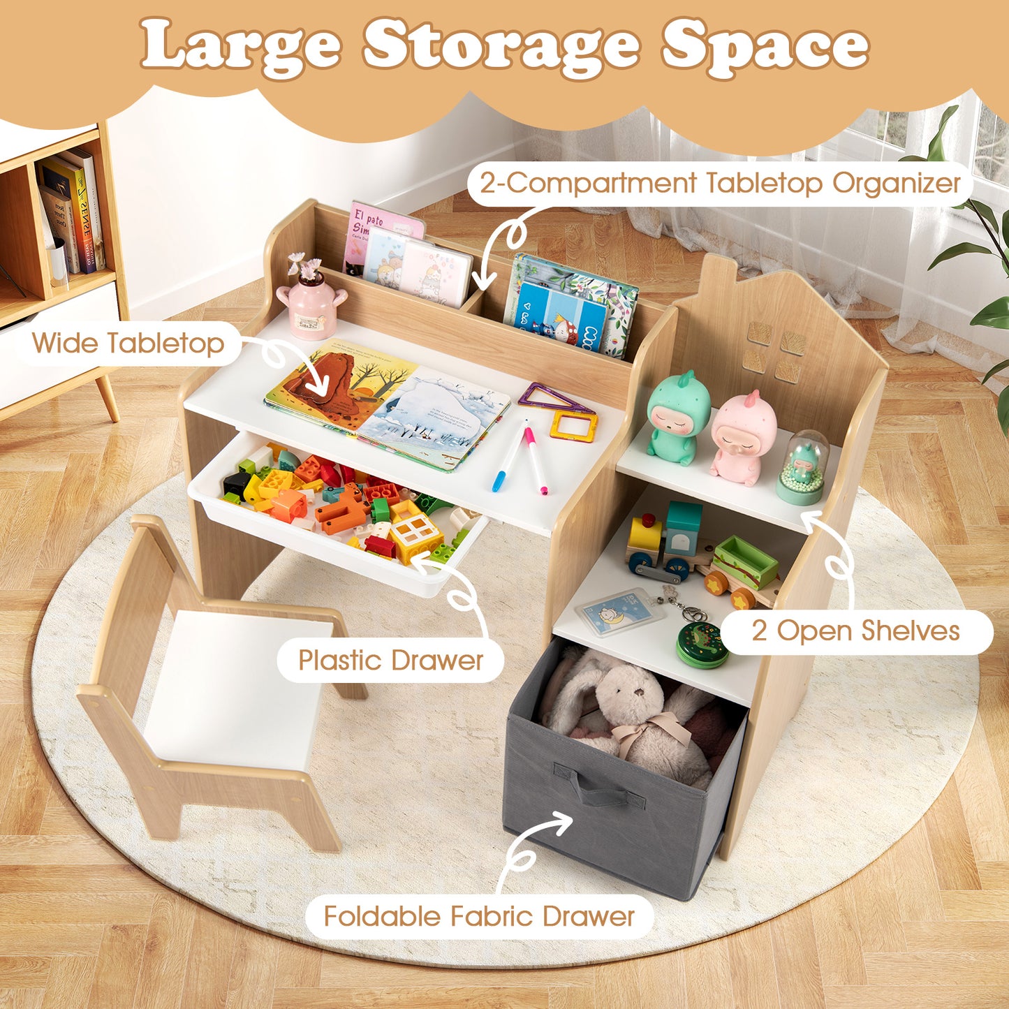 Kids Study Desk and Chair Set with Storage Shelves and Drawer