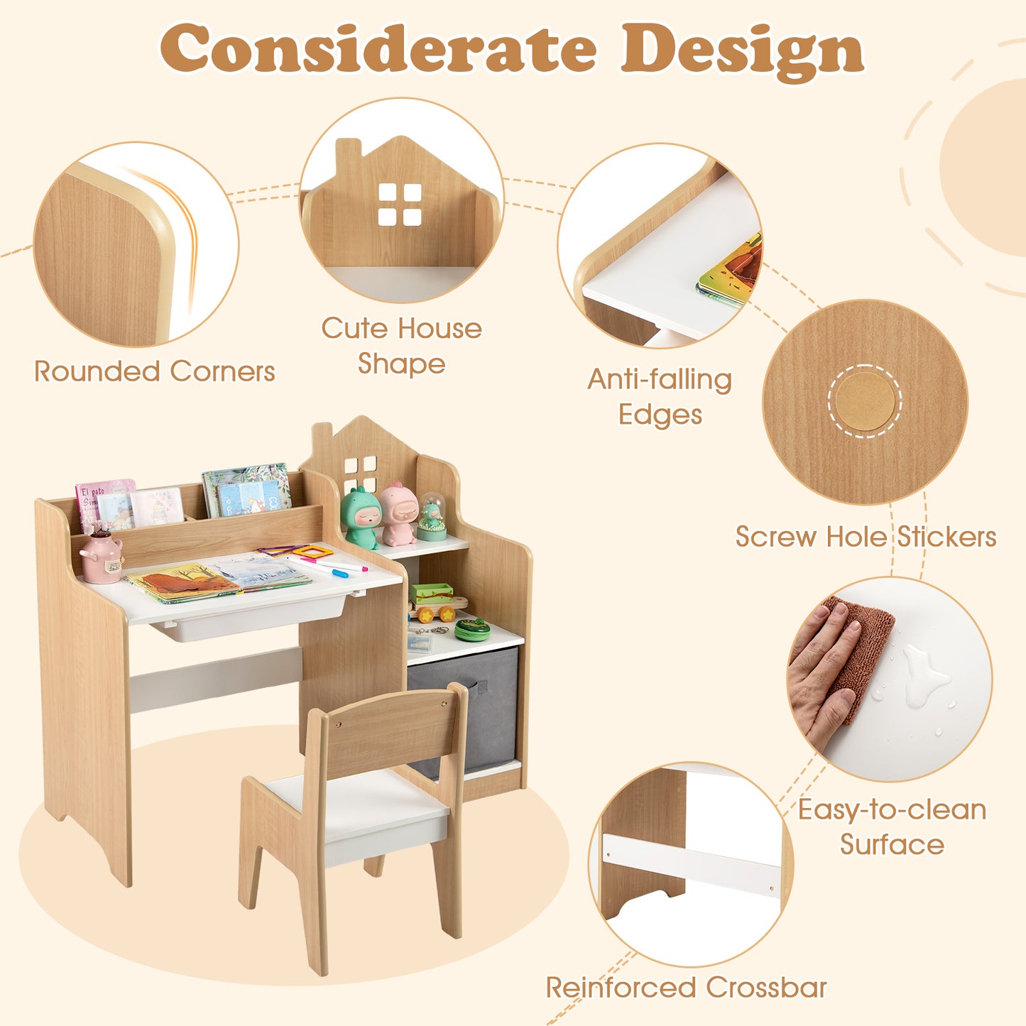 Kids Study Desk and Chair Set with Storage Shelves and Drawer