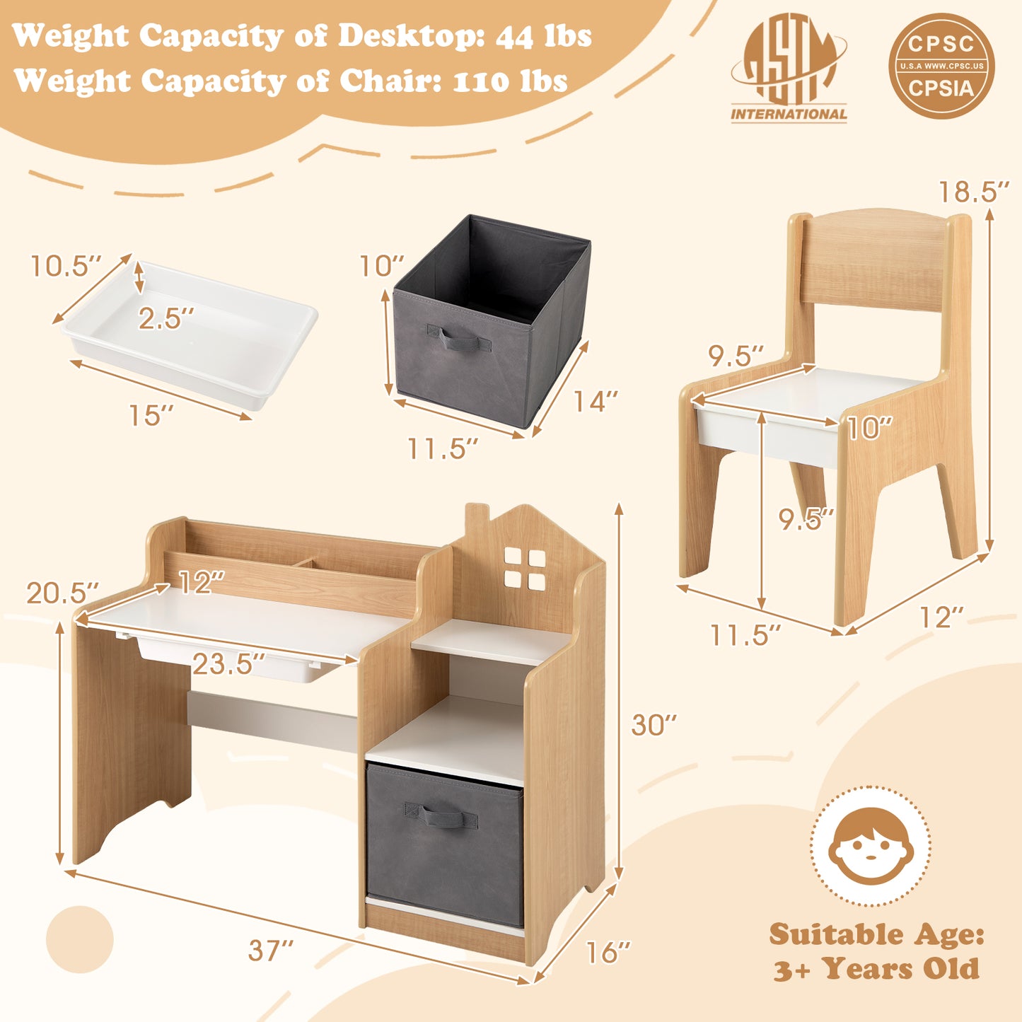 Kids Study Desk and Chair Set with Storage Shelves and Drawer