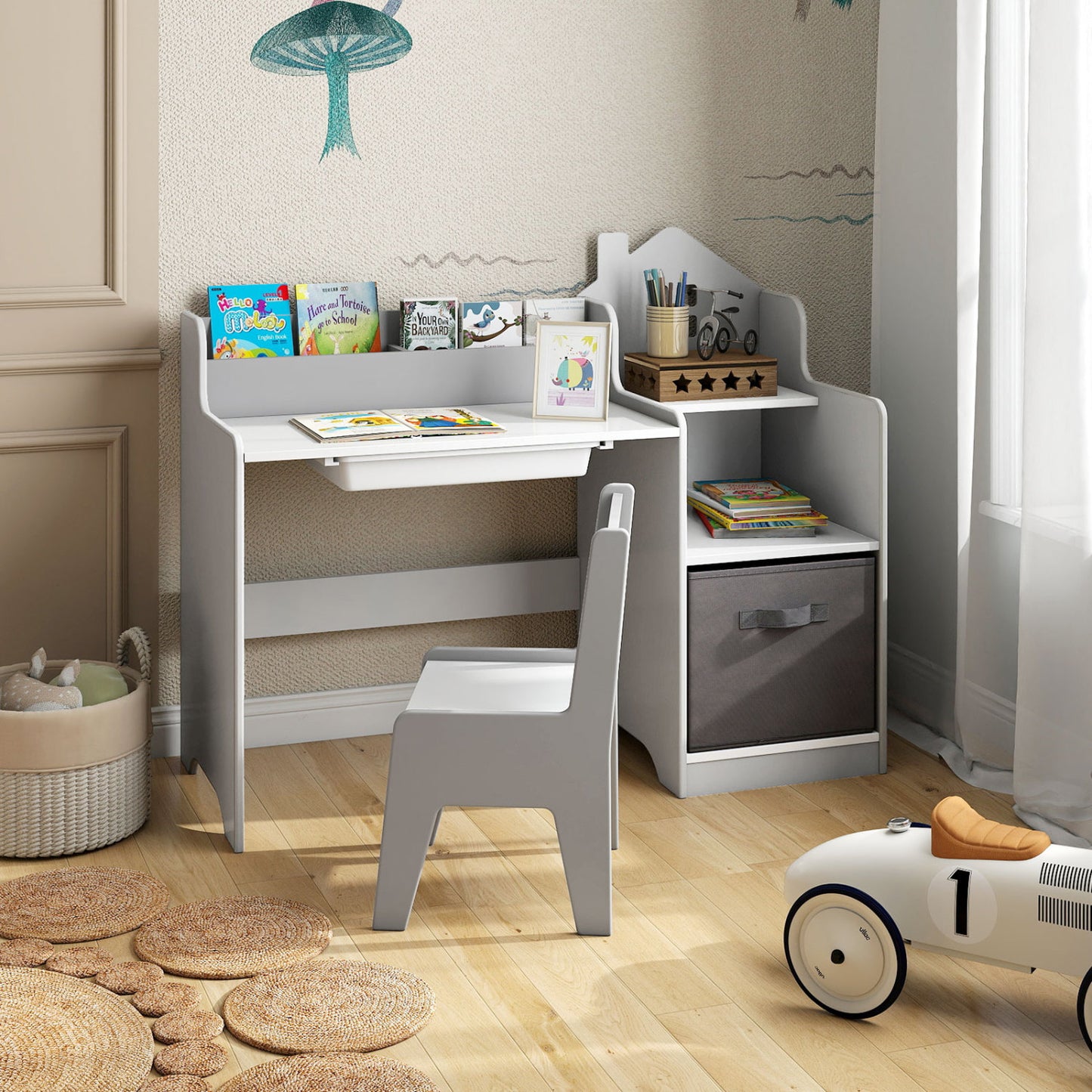 Kids Study Desk and Chair Set with Storage Shelves and Drawer
