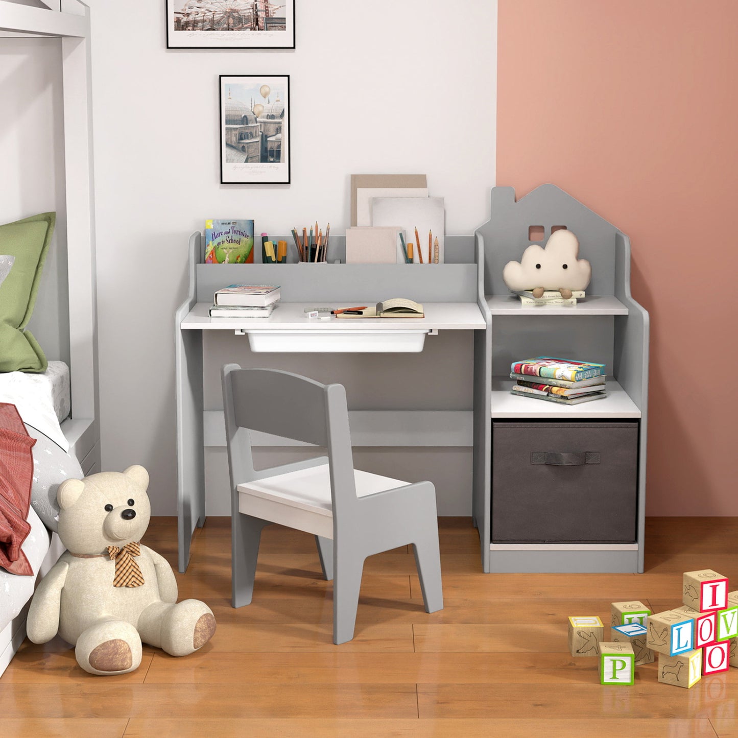Kids Study Desk and Chair Set with Storage Shelves and Drawer