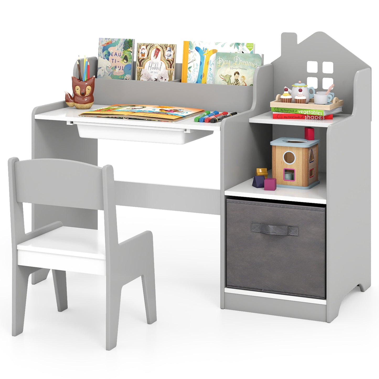 Kids Study Desk and Chair Set with Storage Shelves and Drawer