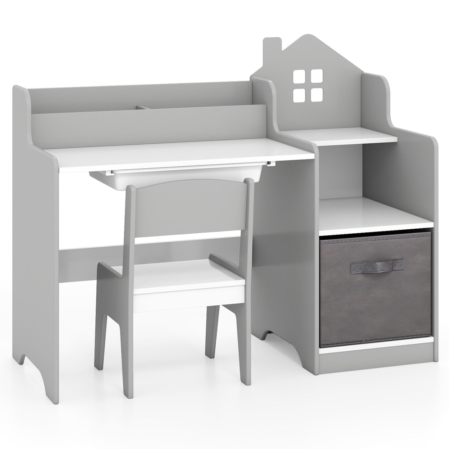 Kids Study Desk and Chair Set with Storage Shelves and Drawer