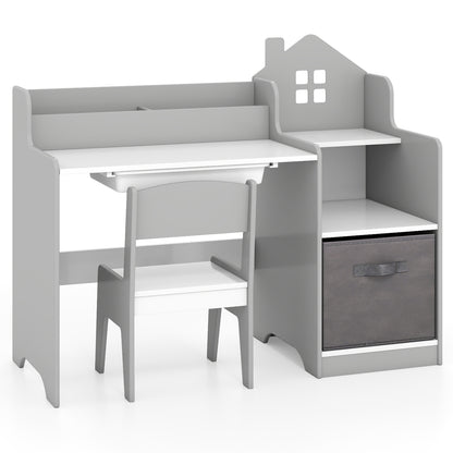 Kids Study Desk and Chair Set with Storage Shelves and Drawer