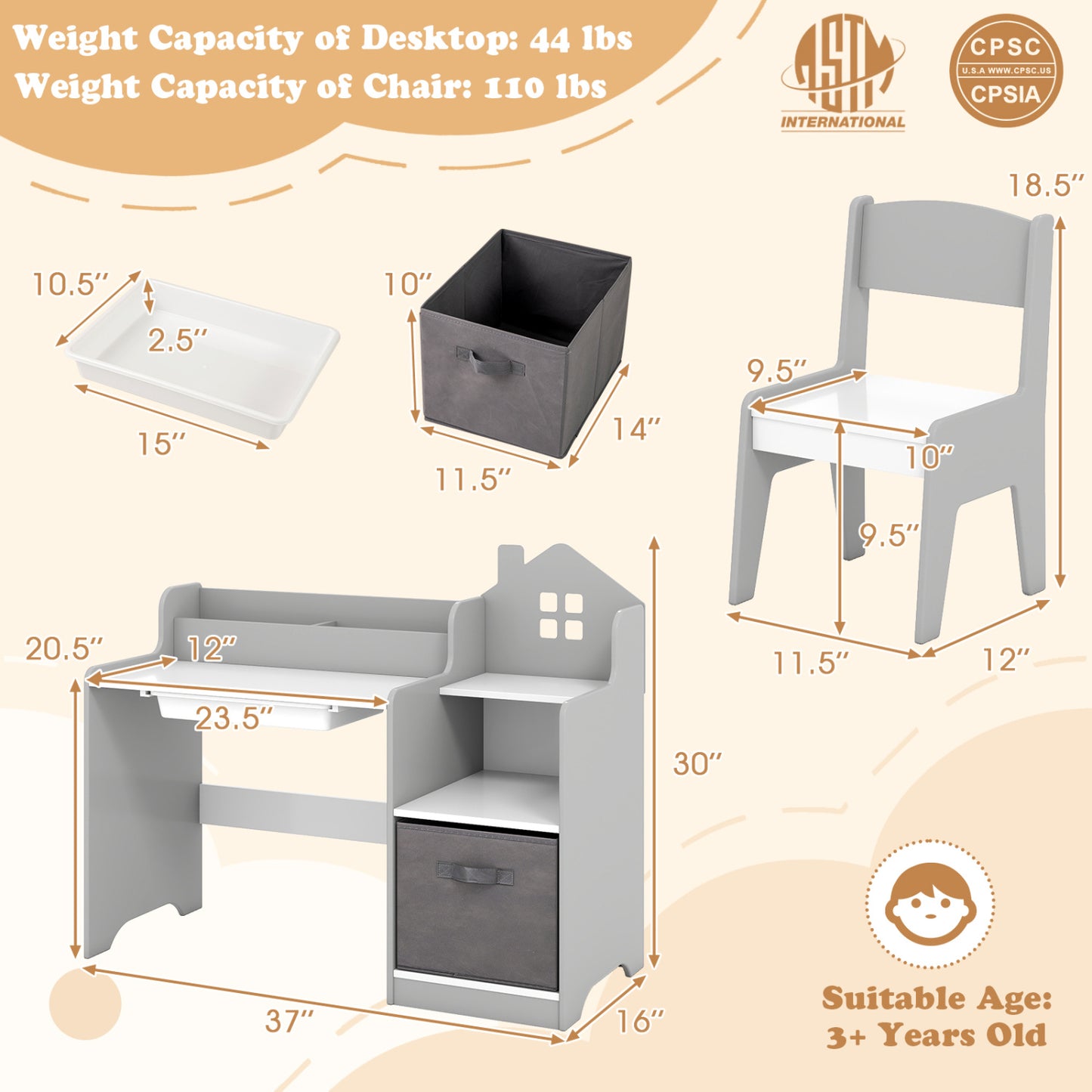 Kids Study Desk and Chair Set with Storage Shelves and Drawer