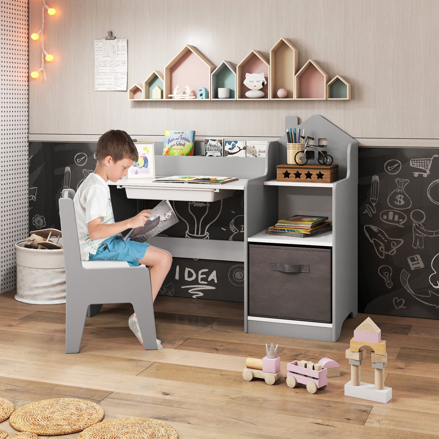 Kids Study Desk and Chair Set with Storage Shelves and Drawer