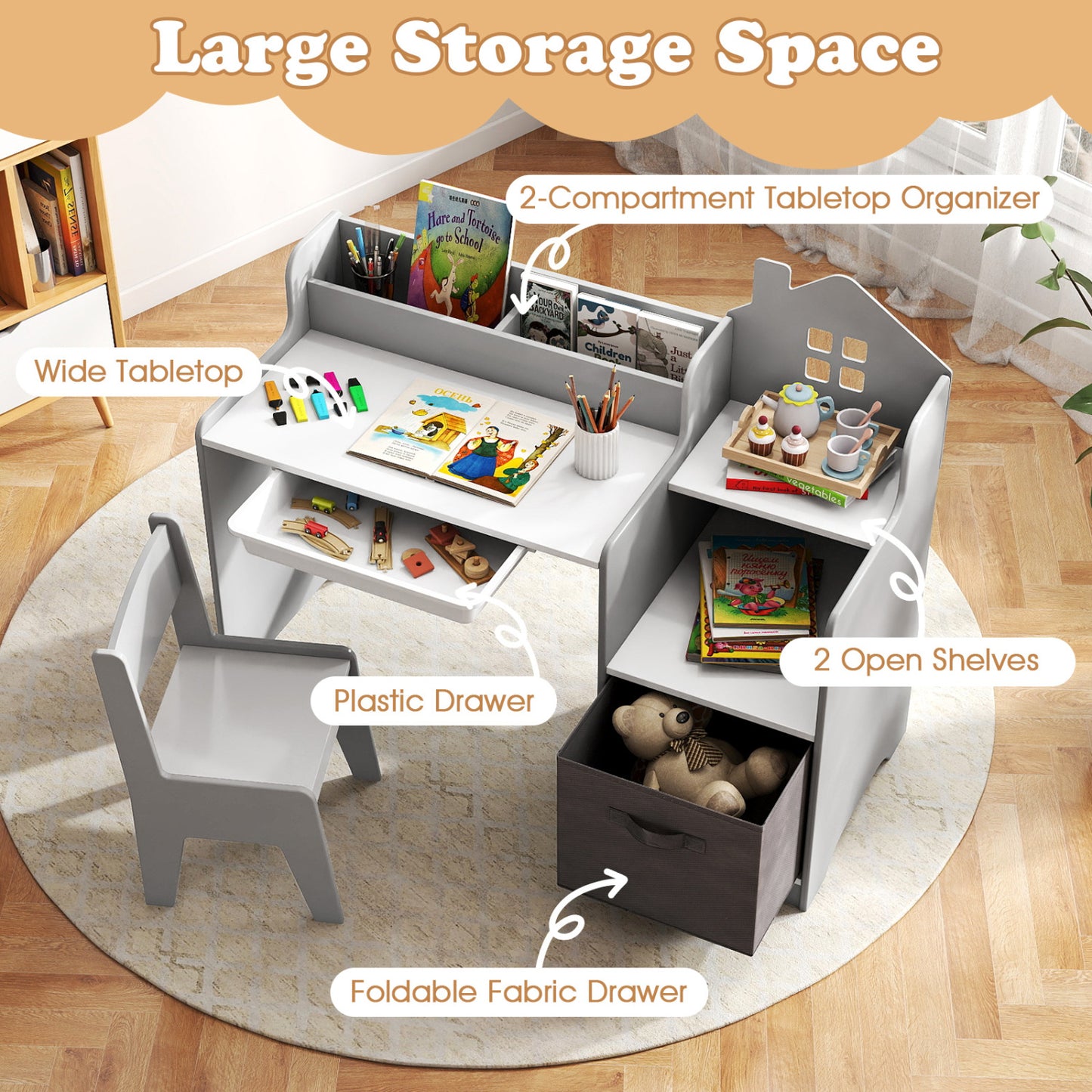 Kids Study Desk and Chair Set with Storage Shelves and Drawer