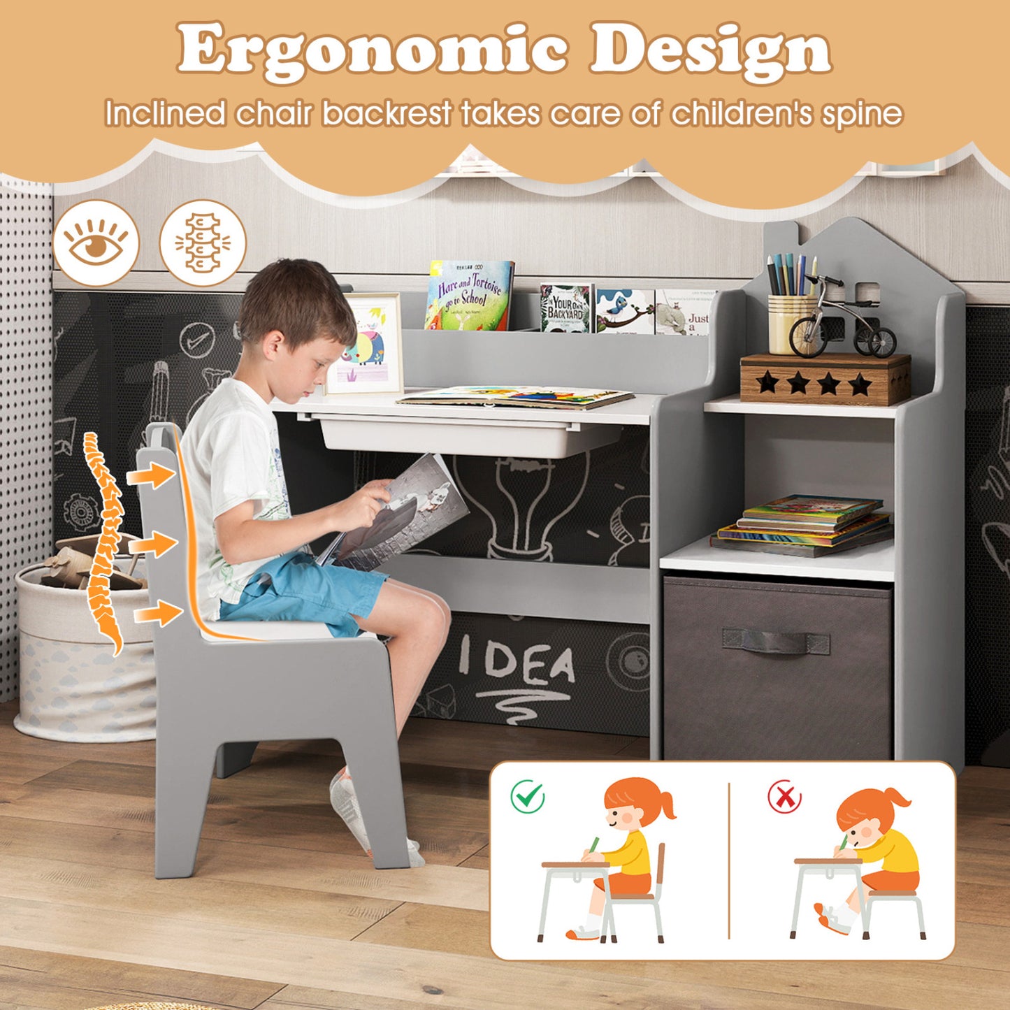 Kids Study Desk and Chair Set with Storage Shelves and Drawer
