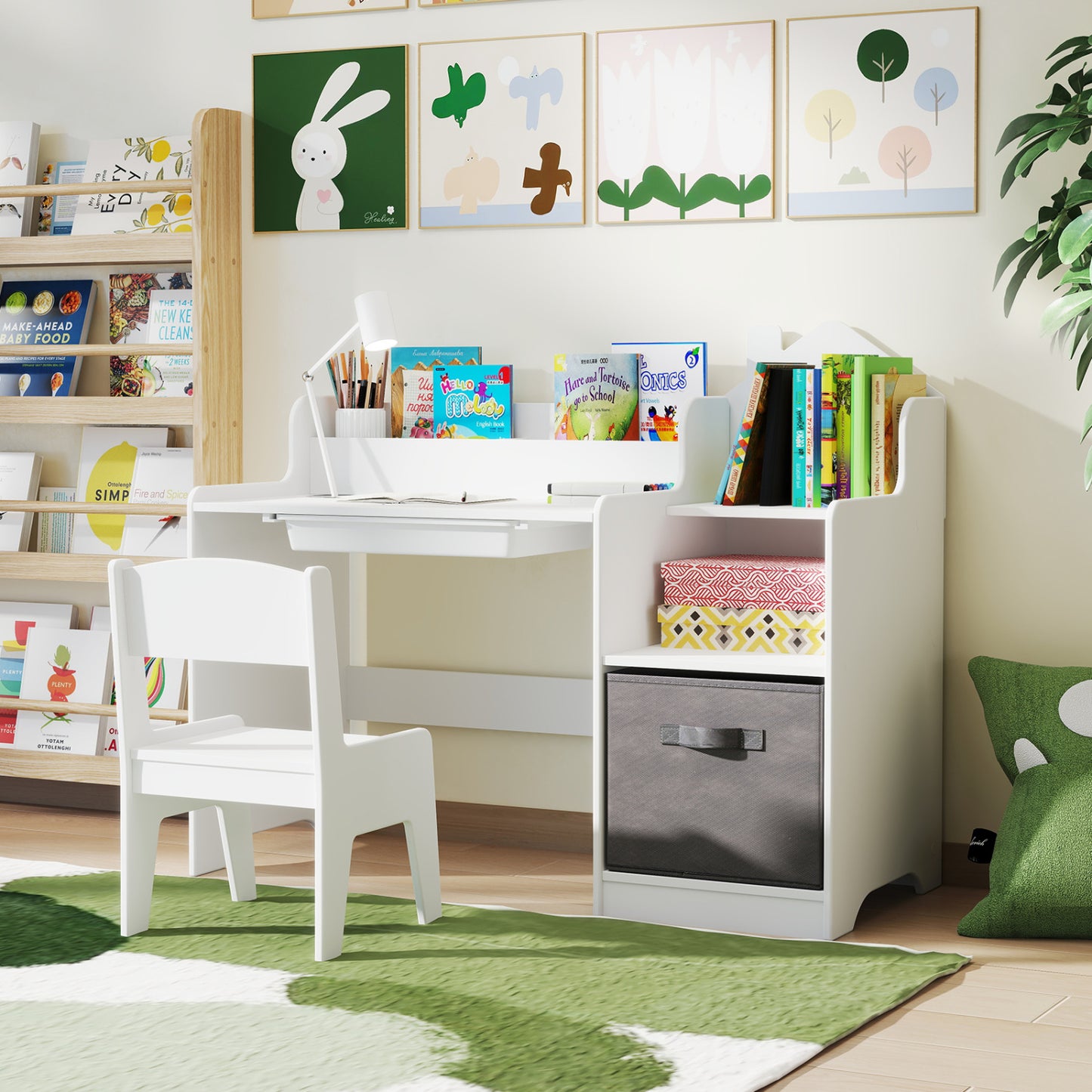 Kids Study Desk and Chair Set with Storage Shelves and Drawer