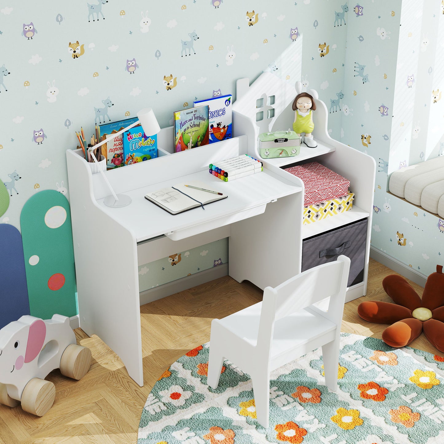 Kids Study Desk and Chair Set with Storage Shelves and Drawer