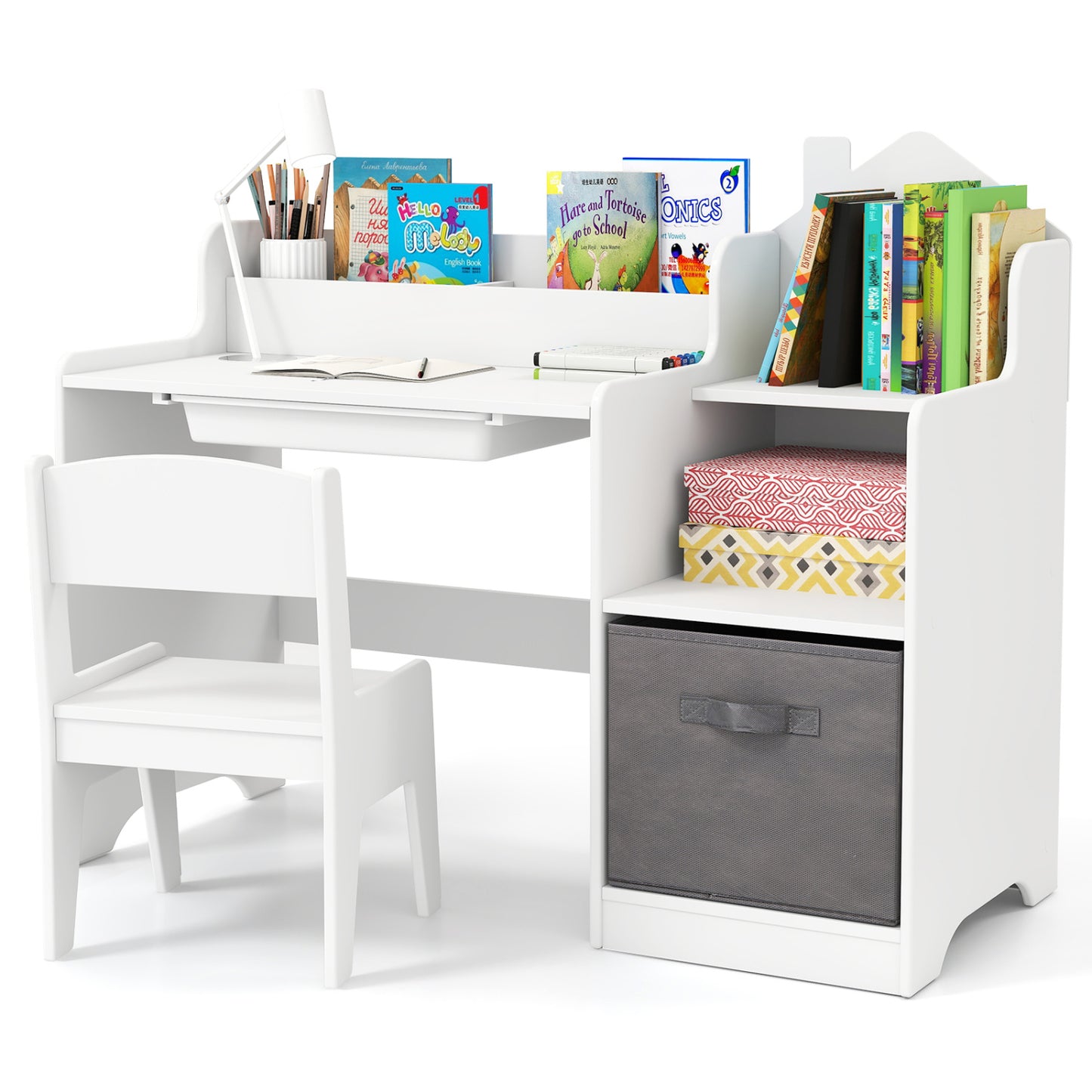 Kids Study Desk and Chair Set with Storage Shelves and Drawer