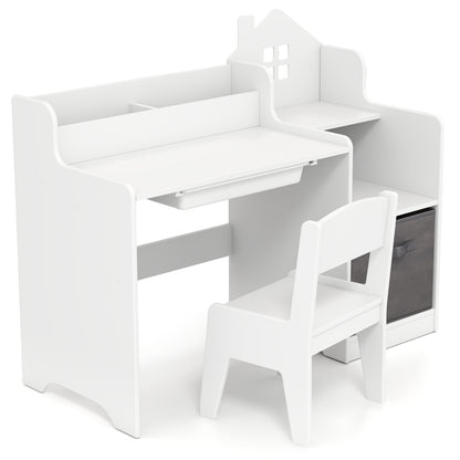 Kids Study Desk and Chair Set with Storage Shelves and Drawer