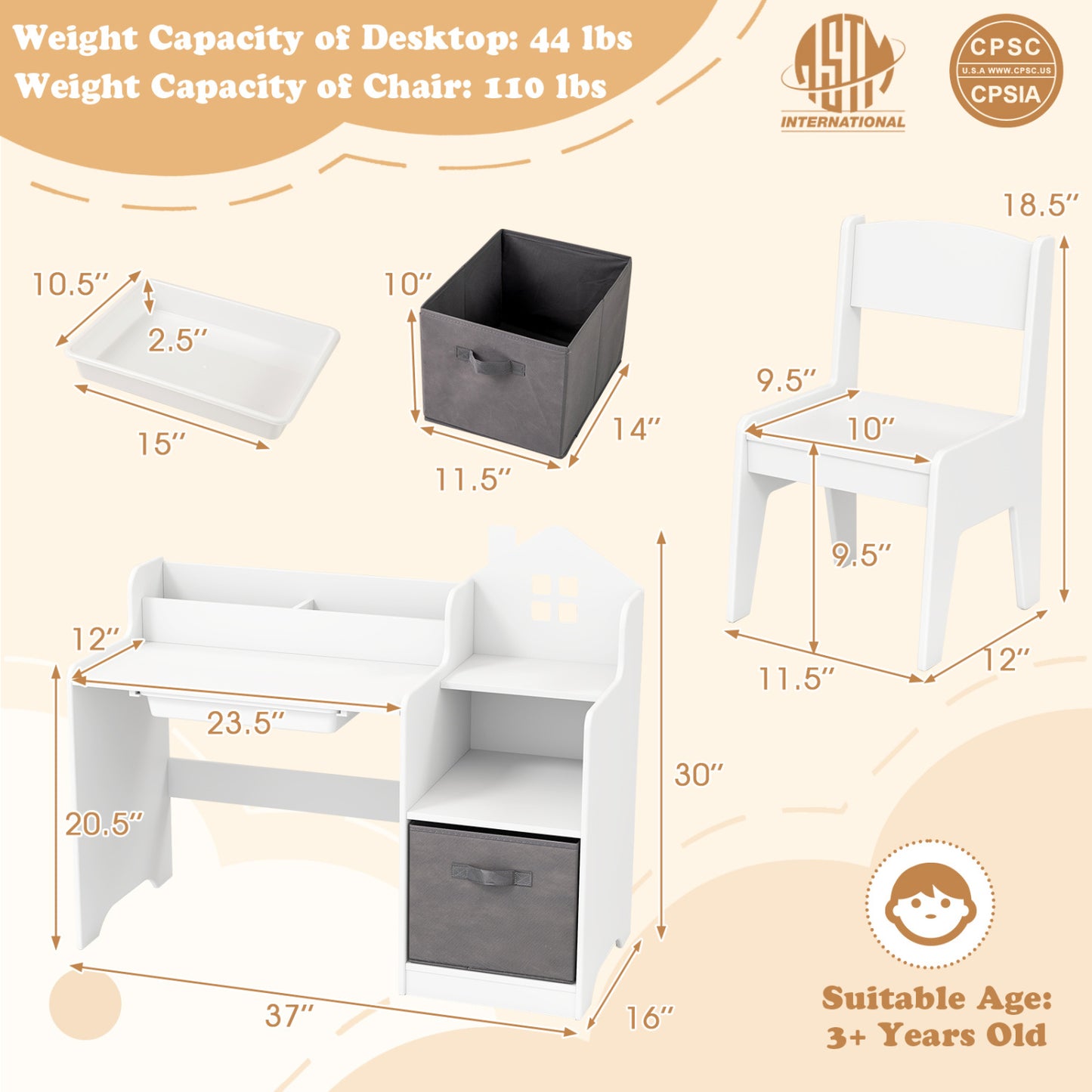 Kids Study Desk and Chair Set with Storage Shelves and Drawer