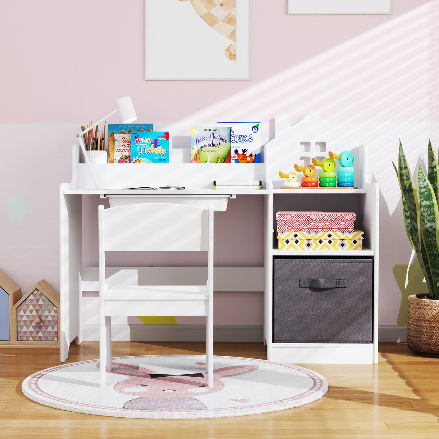 Kids Study Desk and Chair Set with Storage Shelves and Drawer