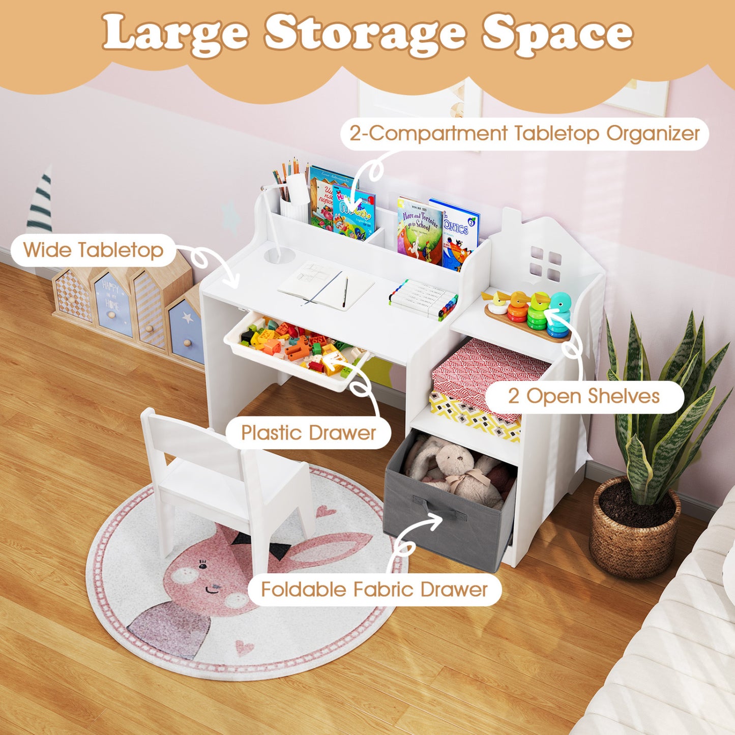 Kids Study Desk and Chair Set with Storage Shelves and Drawer