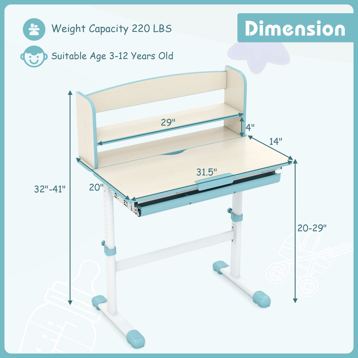 Kids Study Desk with Adjustable Height and Tilt Desktop