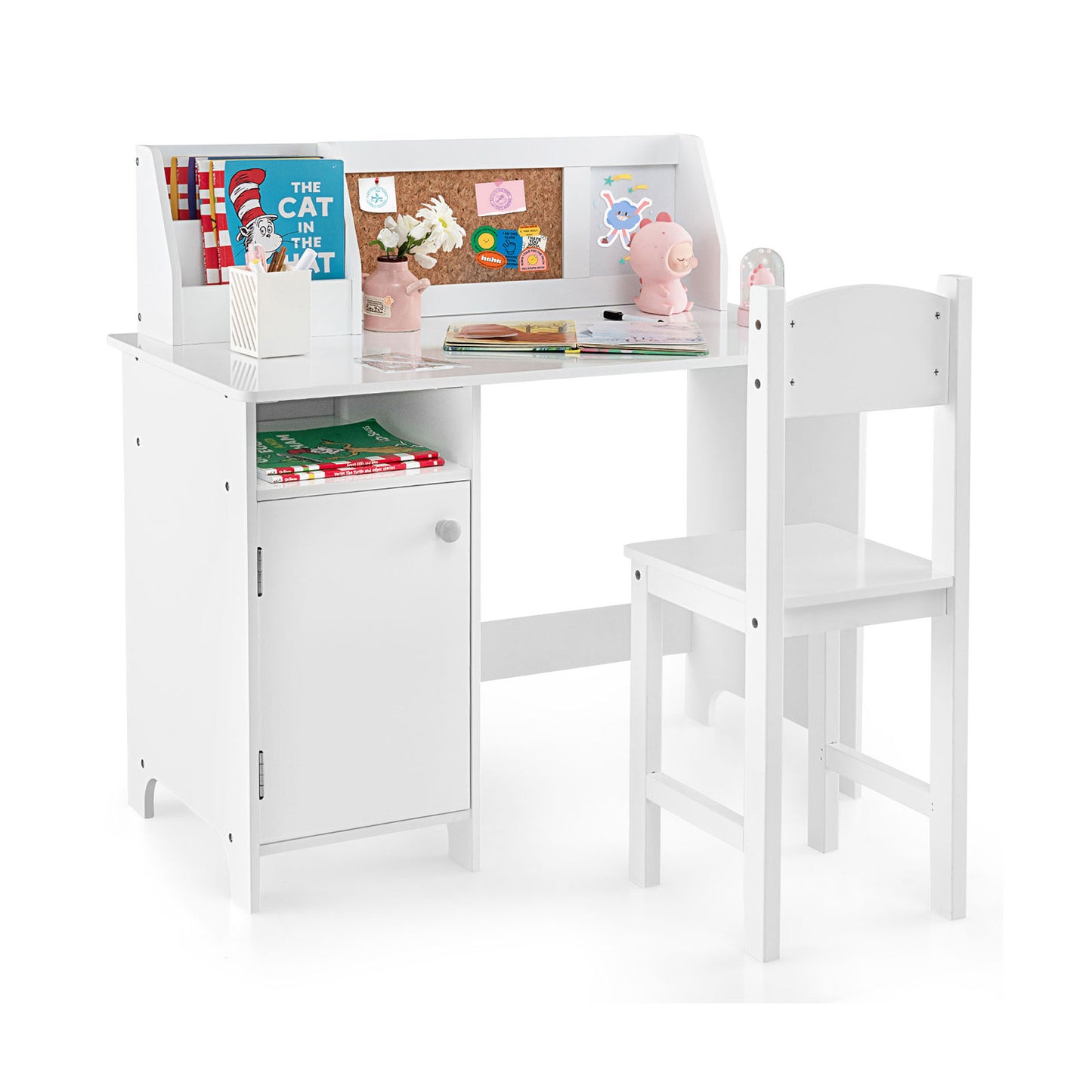 Kids Study Desk and Chair Set with Storage Cabinet
