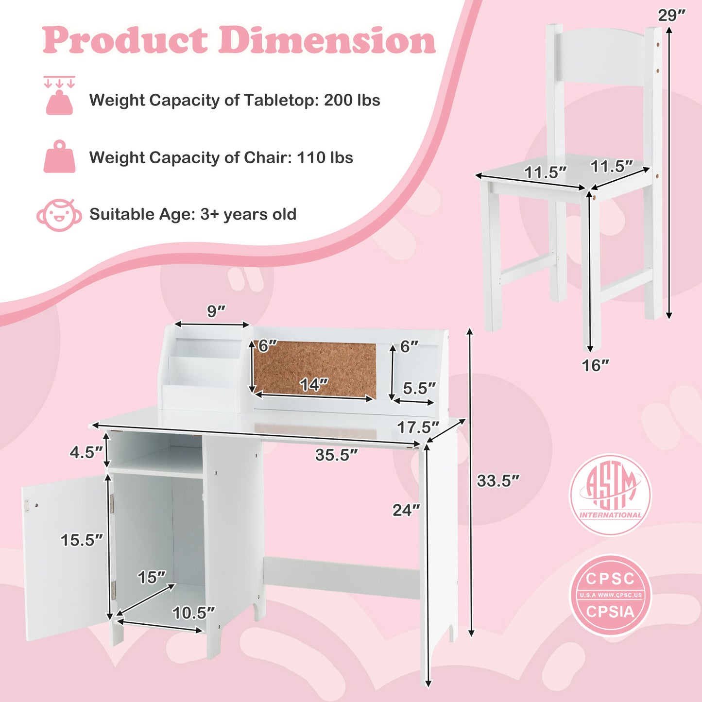 Kids Study Desk and Chair Set with Storage Cabinet