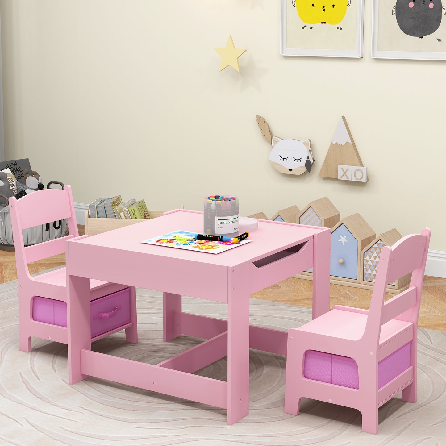 Kids Table and Chair Set with Storage and Drawing Board