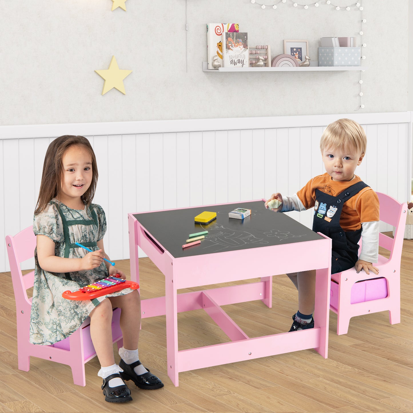 Kids Table and Chair Set with Storage and Drawing Board