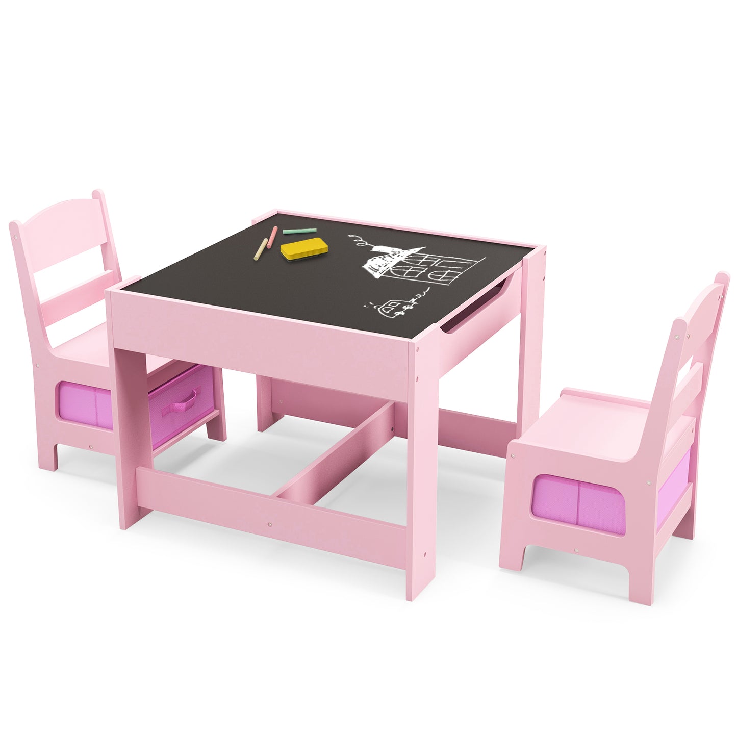Kids Table and Chair Set with Storage and Drawing Board