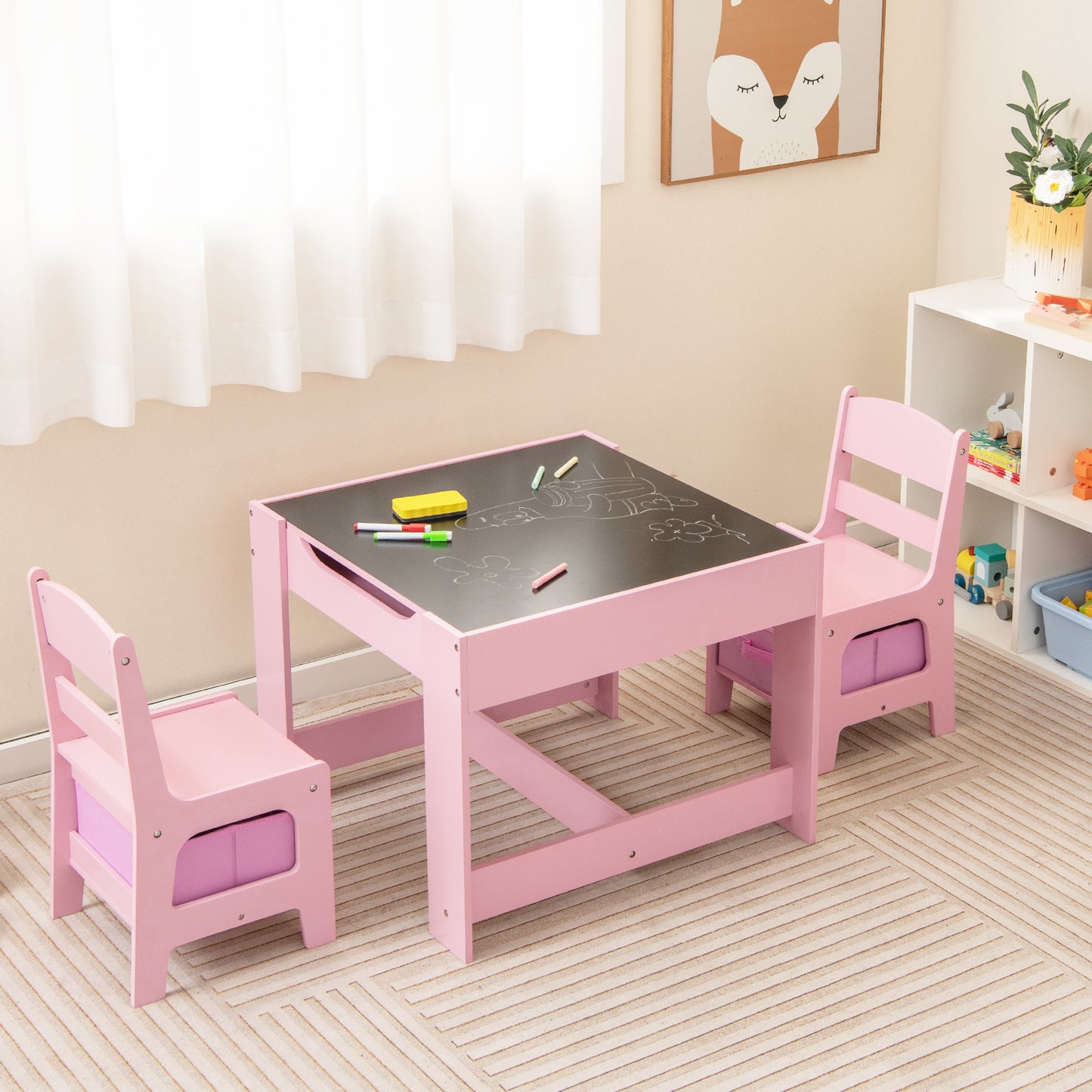 Kids Table and Chair Set with Storage and Drawing Board