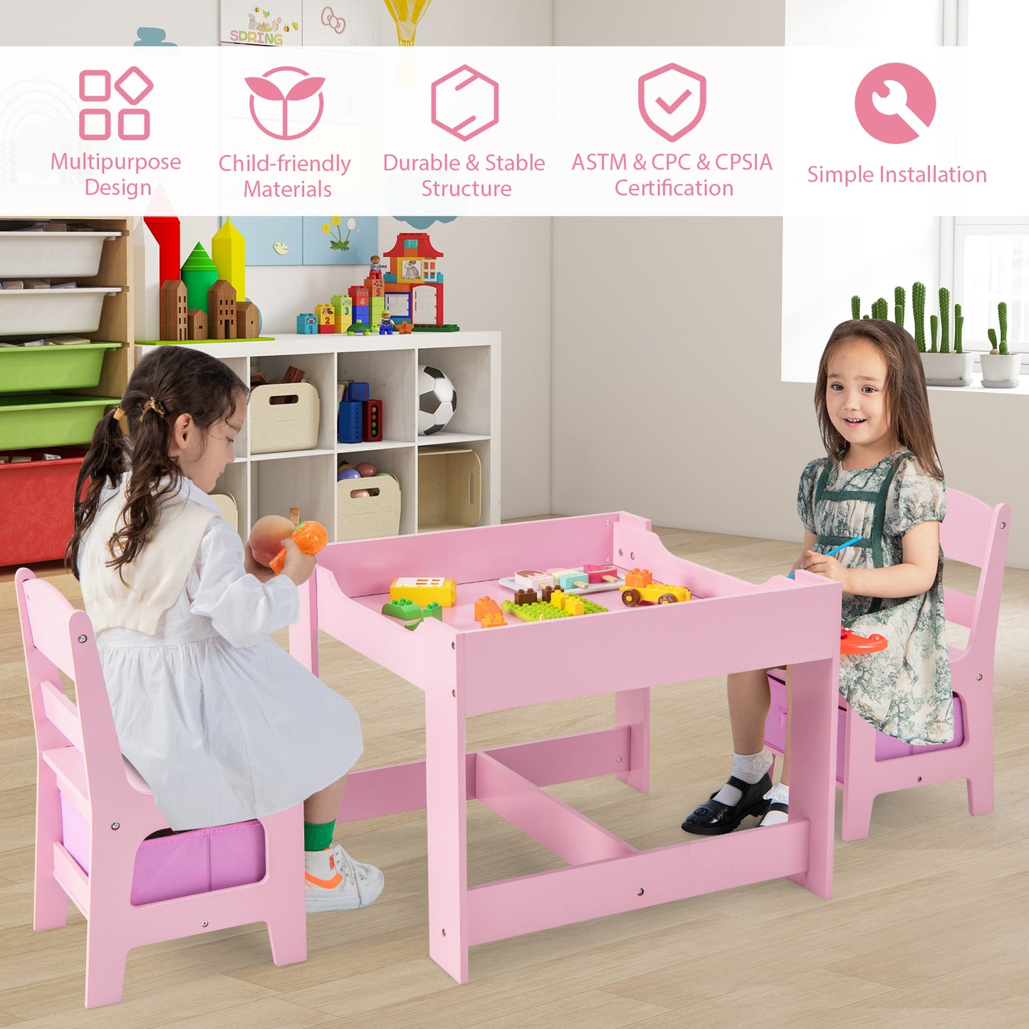 Kids Table and Chair Set with Storage and Drawing Board