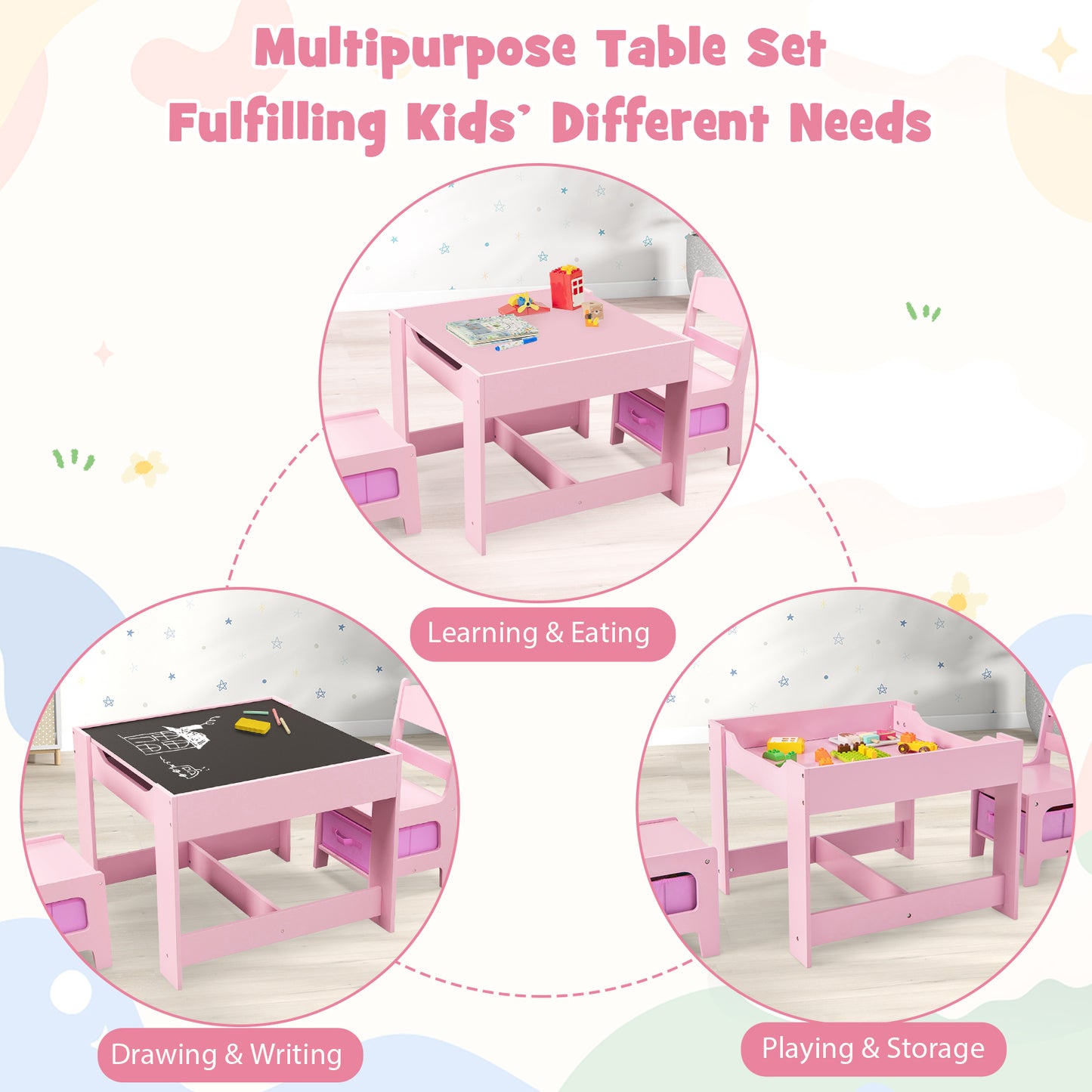 Kids Table and Chair Set with Storage and Drawing Board