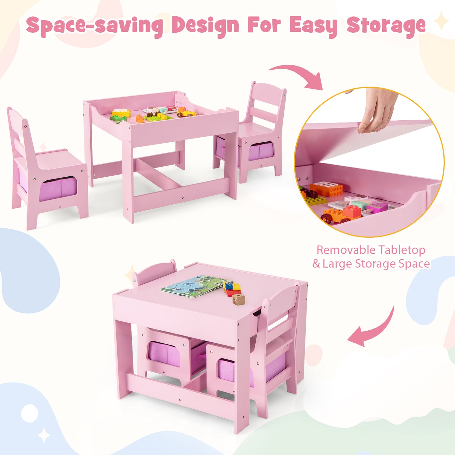 Kids Table and Chair Set with Storage and Drawing Board
