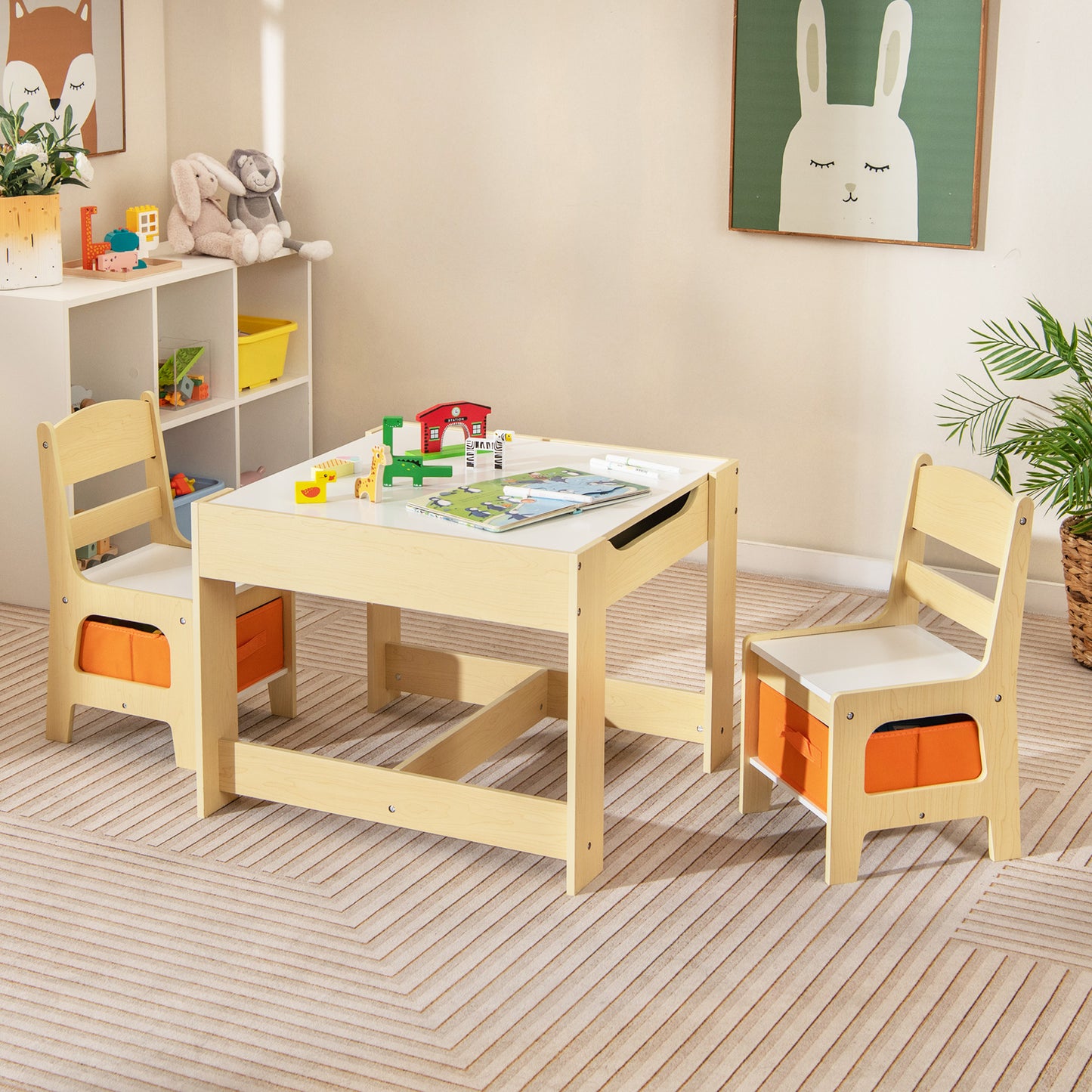 Kids Table and Chair Set with Storage and Drawing Board