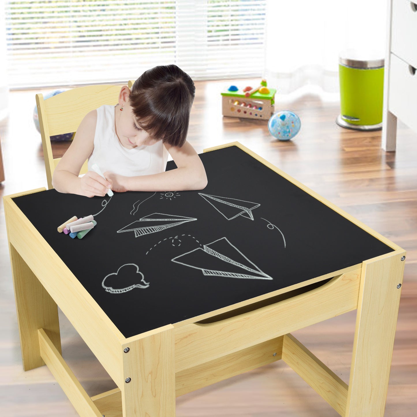 Kids Table and Chair Set with Storage and Drawing Board