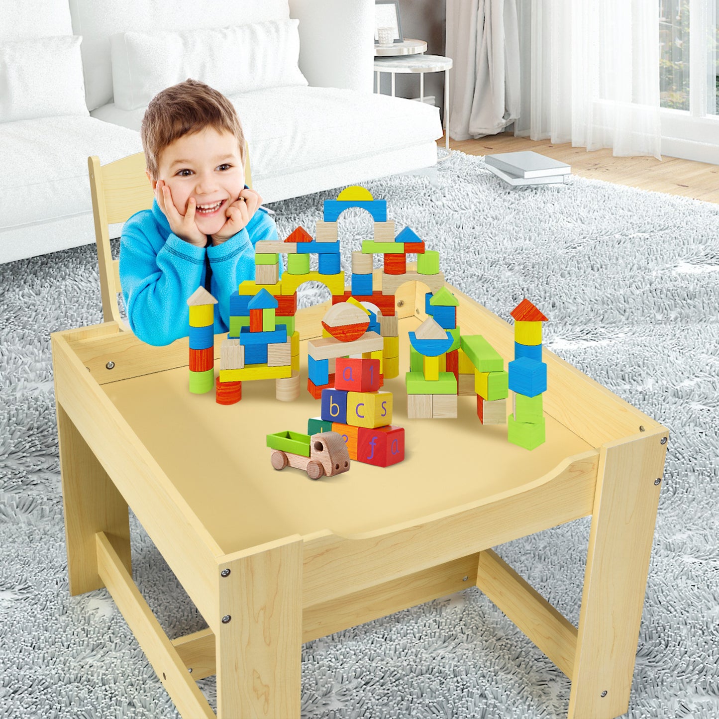 Kids Table and Chair Set with Storage and Drawing Board