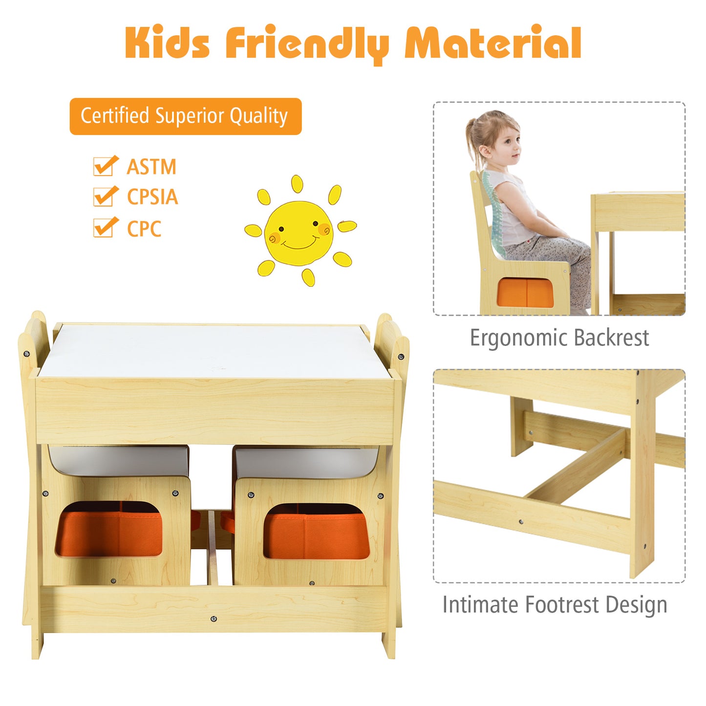 Kids Table and Chair Set with Storage and Drawing Board