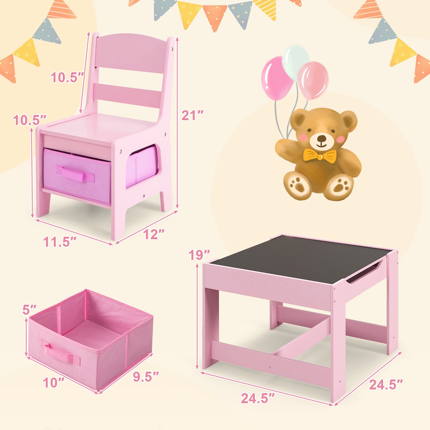 Kids Table and Chair Set with Storage and Drawing Board