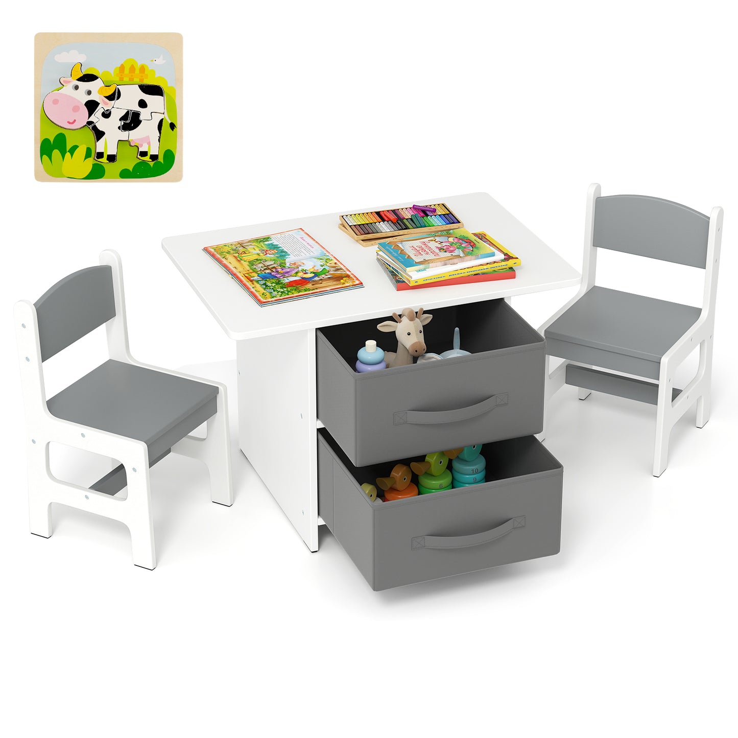 Kids Table and 2 Chairs Set with Storage Drawers