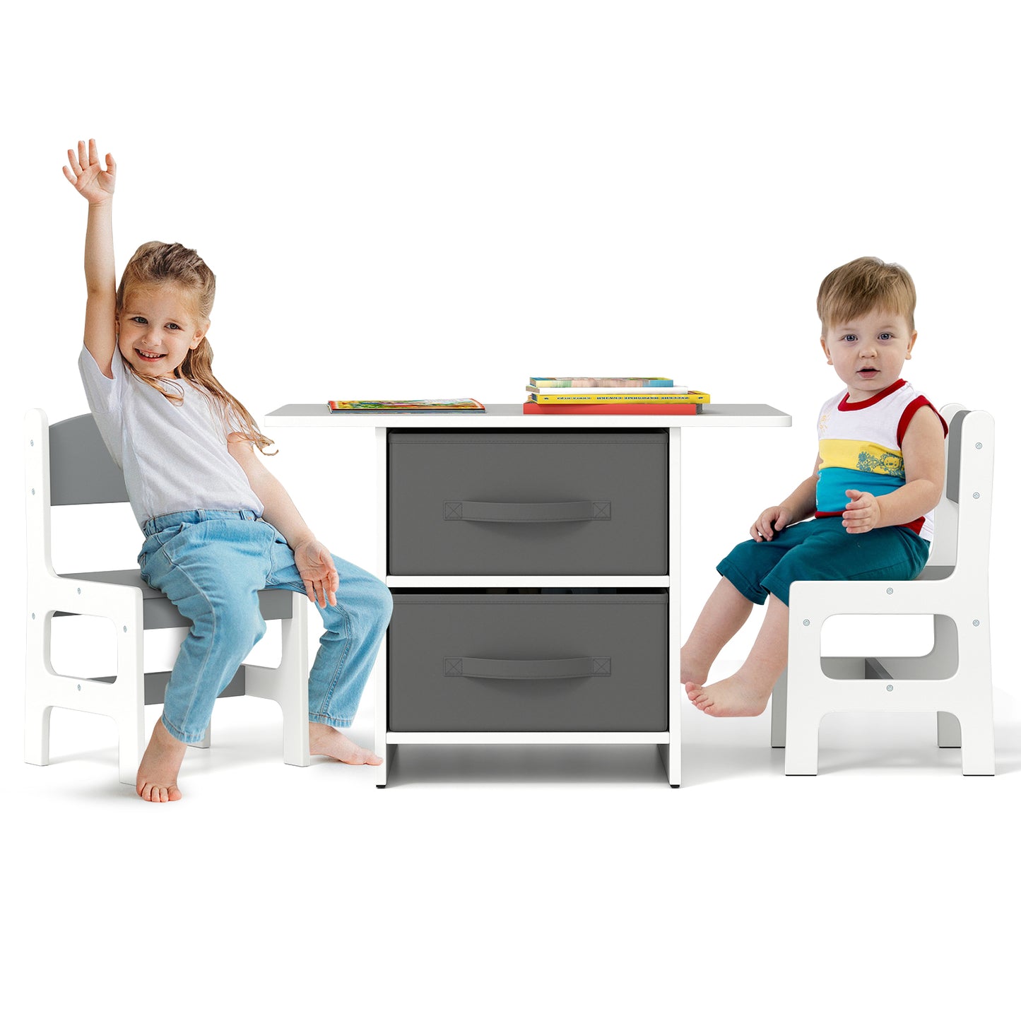Kids Table and 2 Chairs Set with Storage Drawers