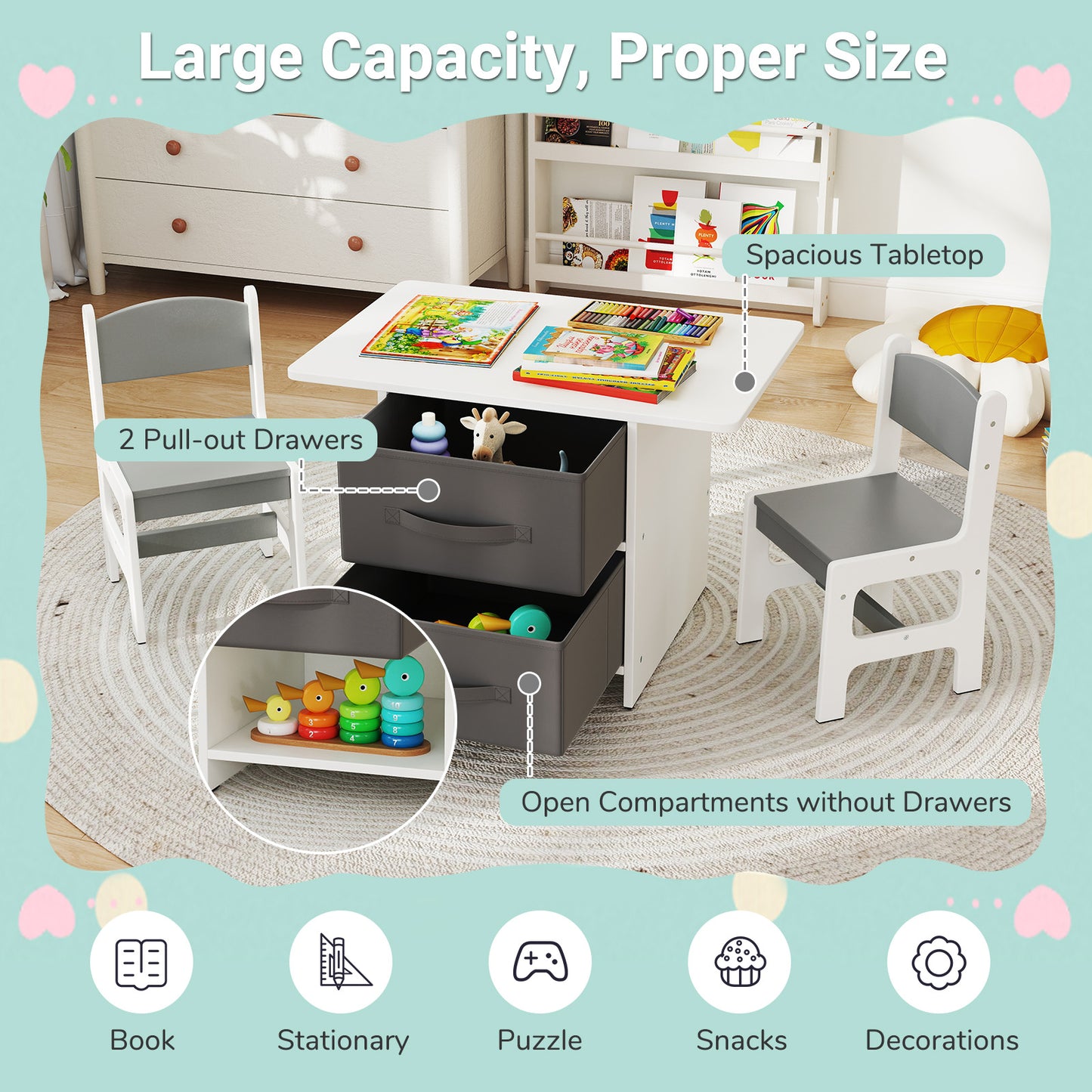 Kids Table and 2 Chairs Set with Storage Drawers