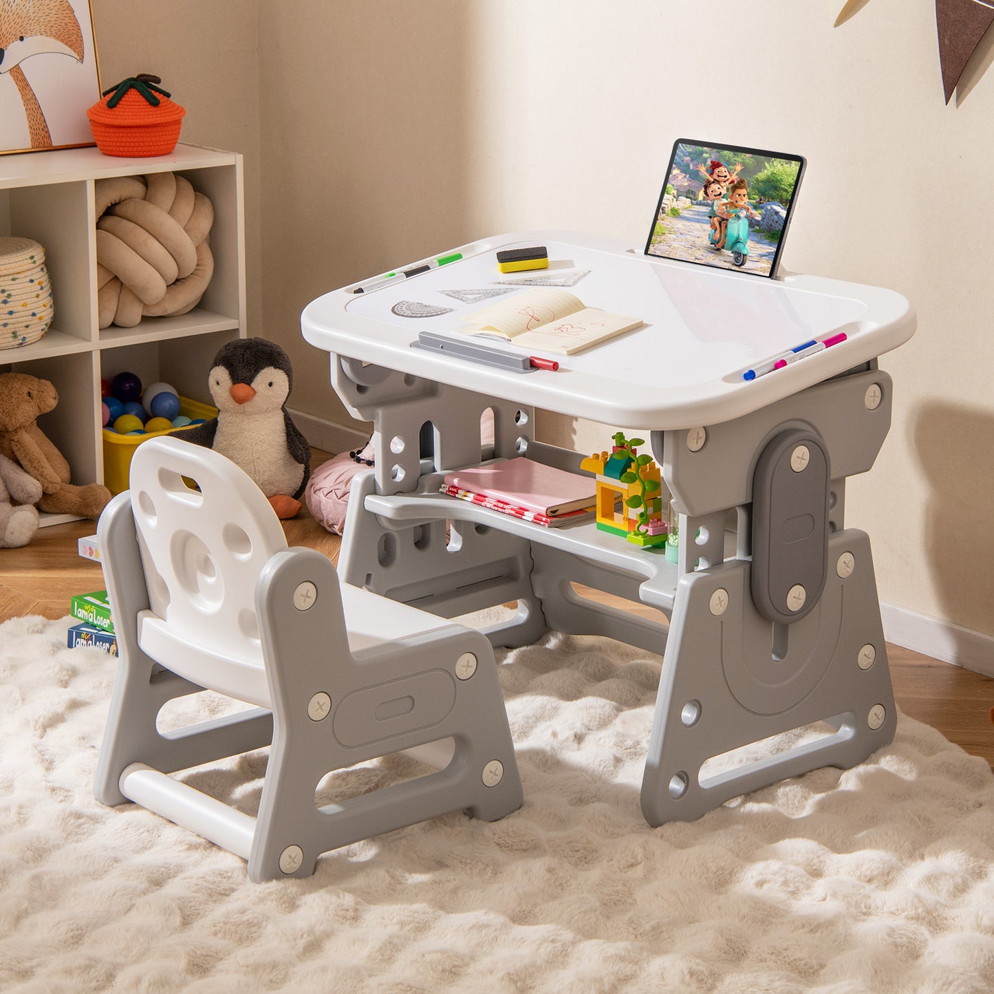 Kids Table and Chair Set with Adjustable Height & Tiltable Whiteboard