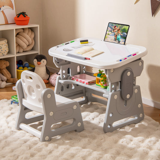 Kids Table and Chair Set with Adjustable Height & Tiltable Whiteboard